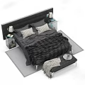 Modern Double Bed With Black Frame Striped Pillows Gray Bedding And Glass Nightstands
