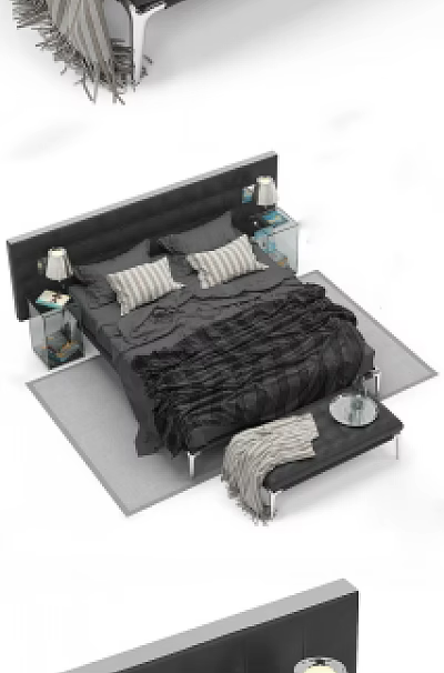 Modern Double Bed With Black Frame Striped Pillows Gray Bedding And Glass Nightstands 3d model