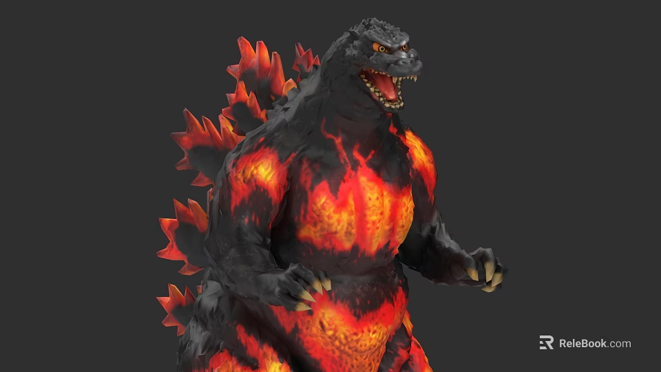Fierce Godzilla Game Movie Character With Fiery Red Orange Skin And Open Mouth Standing Pose 3d model 