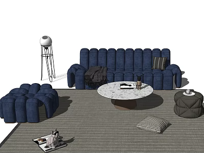 Modern Navy Blue Sofa and Round Coffee Table Set with Pillows Rug and Floor Lamp 3d model
