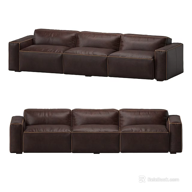 Modern Dark Brown Leather Three-Seater Sofa With Sleek Modular Design 3d model