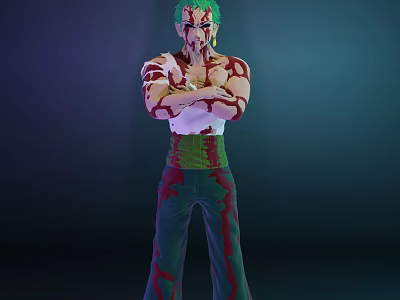 Game Movie Character With Green Hair Crossed Arms White Top Green Pants And Red Markings 3d model
