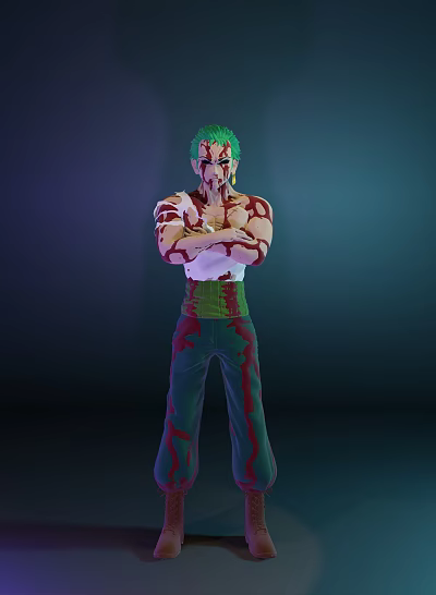 Game Movie Character With Green Hair Crossed Arms White Top Green Pants And Red Markings 3d model
