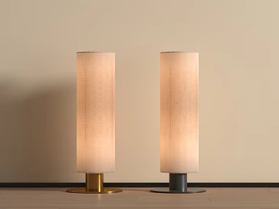 Two Modern Floor Lamps with Beige Shades Gold Black Bases Light Wall Wooden Floor 3d model