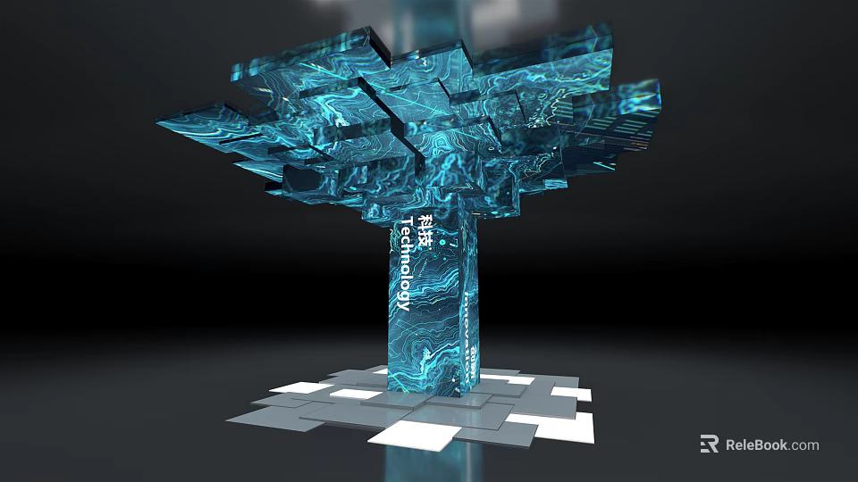 Transparent Blue Block Tree Like Structure With Geometric Design And Glassy Appearance 3d model