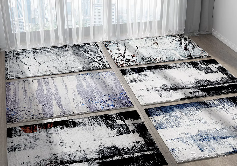 Modern Abstract Square Rugs Featuring Black White Blue Patterns For Home Decor 3d model 