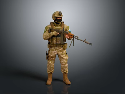Military Soldier in Camouflage Uniform with Helmet Goggles and Rifle Standing on Gray Background 3d model