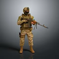 Military Soldier in Camouflage Uniform with Helmet Goggles and Rifle Standing on Gray Background