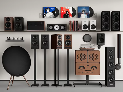 HiFi Audio Speakers Collection Including Floor Standing And Bookshelf Models With Wall Mounted Vinyl Records 3d model