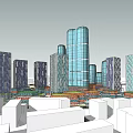 Modern High Rise Office Buildings With Glass Facade And Urban Green Courtyard