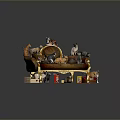 Ornate Decorative Sofa With Multiple Colorful Cats In Various Poses And Small Items