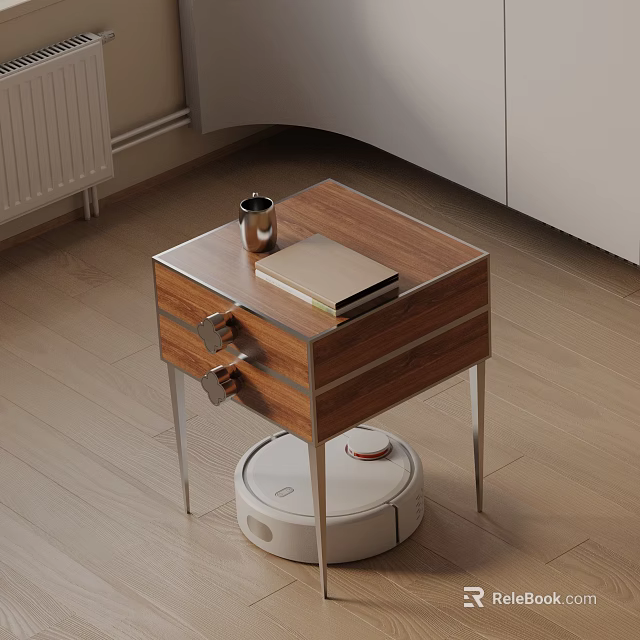 Wooden Bedside Table With Drawers Cup And Book On Top Robot Vacuum Cleaner Beside 3d model 