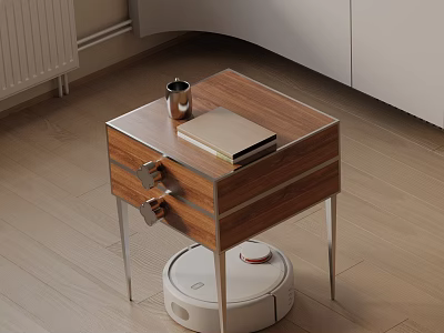 Wooden Bedside Table With Drawers Cup And Book On Top Robot Vacuum Cleaner Beside 3d model