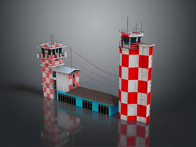 Red and white checkered towers and small building with blue windows connected by wires 3d model