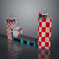 Red and white checkered towers and small building with blue windows connected by wires