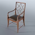Wooden Dining Chair With Armrests And Geometric Pattern Backrest And Leather Seat