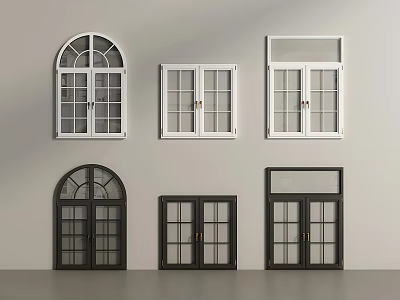 Various Casement Windows With White Black Frames Arched Rectangular Designs And Glass Panes 3d model