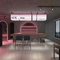 Modern Industrial Cinema Interior With Film Signage Bar Counter Wine Shelves And Large Windows