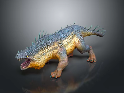 3D Fantasy Creature Character With Spiked Back Blue Yellow Scaly Skin And Open Mouth 3d model