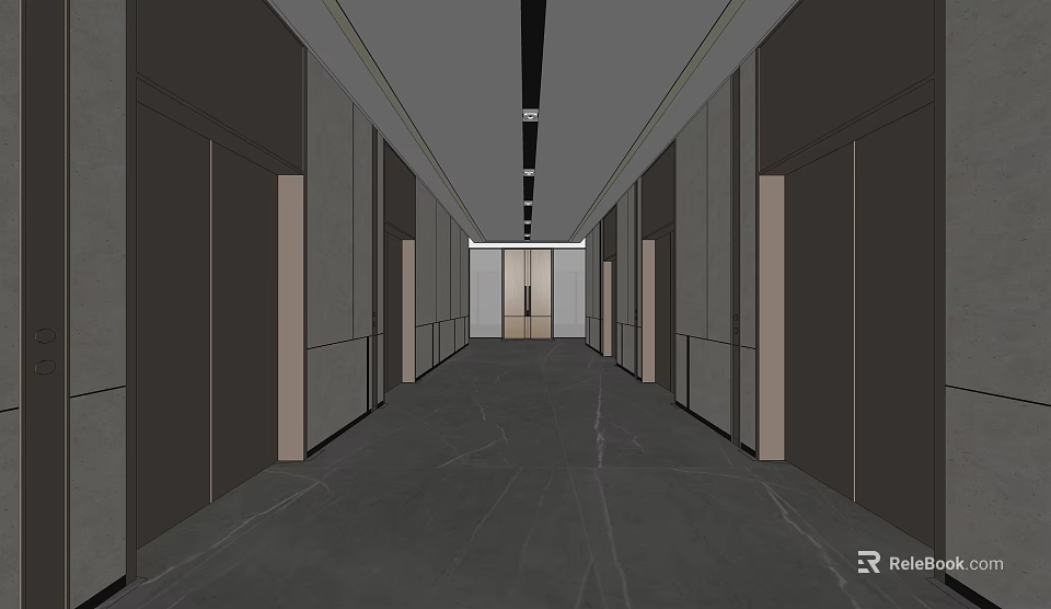 Modern Elevator Lobby Interior With Sleek Lines Dark Marble Flooring And Ceiling Lights 3d model