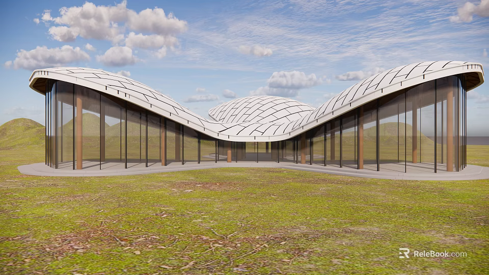 Modern Architectural Design With Curved Roof Glass Walls And Grassland Landscape 3d model 