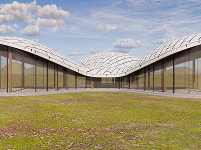Modern Architectural Design With Curved Roof Glass Walls And Grassland Landscape 3d model