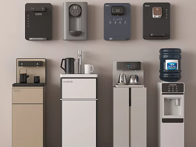 Contemporary Daily Use Electrical Appliances Featuring Water Dispensers Coffee Makers And Mini Refrigerators 3d model