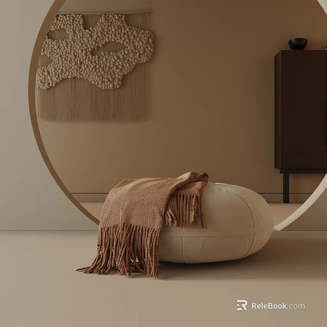 White Leather Leisure Chair With Brown Fringed Blanket On Beige Wall And Woven Decor 3d model 