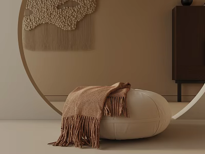 White Leather Leisure Chair With Brown Fringed Blanket On Beige Wall And Woven Decor 3d model