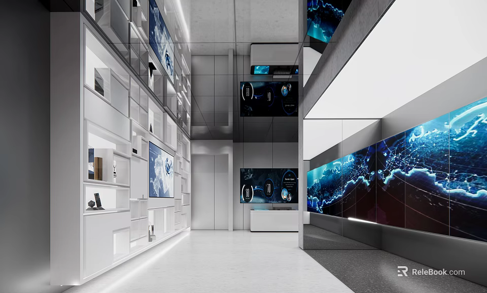 Modern Exhibition Hall Design With White Display Shelves Large Digital Screens And Contemporary Lighting 3d model 