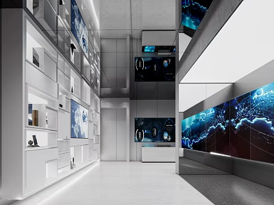 Modern Exhibition Hall Design With White Display Shelves Large Digital Screens And Contemporary Lighting 3d model