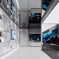 Modern Exhibition Hall Design With White Display Shelves Large Digital Screens And Contemporary Lighting