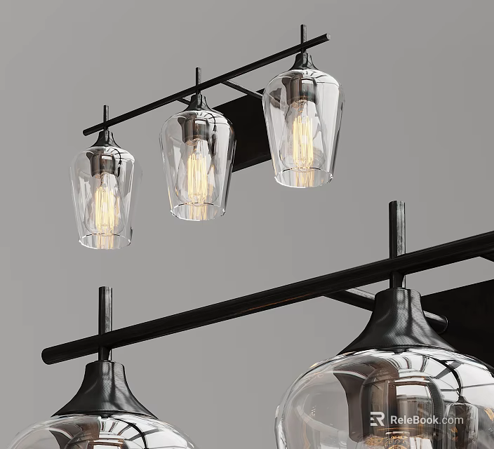 Modern Wall Sconces With Clear Glass Shades Lit Bulbs And Black Metal Frame 3d model 