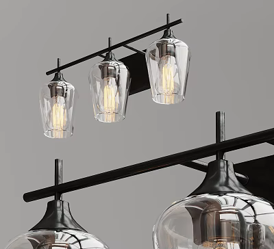 Modern Wall Sconces With Clear Glass Shades Lit Bulbs And Black Metal Frame 3d model
