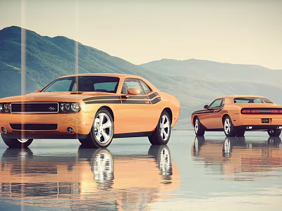 Two Orange Sports Cars Parked on Water Surface With Mountain Reflection 3d model