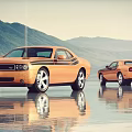Two Orange Sports Cars Parked on Water Surface With Mountain Reflection