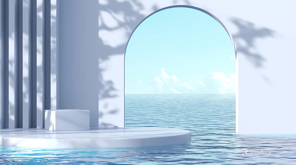 Modern Landscape Sculpture with Arched Doorway Ocean View Soft Light and Calm Water Surface 3d model 