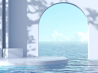 Modern Landscape Sculpture with Arched Doorway Ocean View Soft Light and Calm Water Surface 3d model