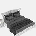 Elegant Black Double Bed With Decorative Headboard Gray Bedding And Two Gold Accent Nightstands