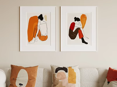 Abstract Figurative Paintings With Orange Red Brown Tones In White Framed Wall Art 3d model