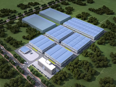 Modern Industrial Factory Complex Featuring Blue Roofs Surrounded By Greenery And Office Building 3d model