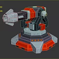 Mechanical Turret Weapon 3D Model With Red Purple Gray Color And Base Structure