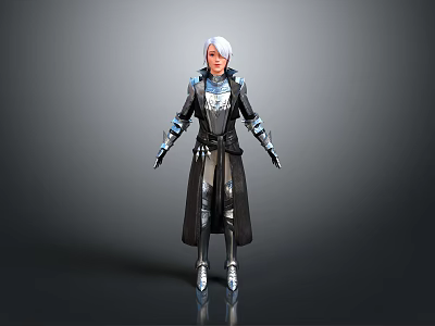 Woman With Silver Gray Hair In Black And Blue Long Coat Standing In Gray Background 3d model