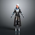 Woman With Silver Gray Hair In Black And Blue Long Coat Standing In Gray Background