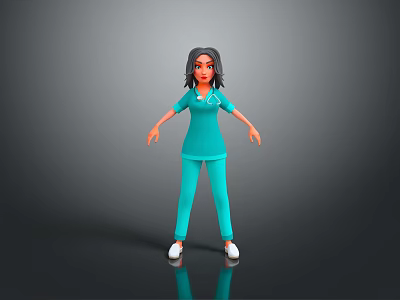 3D Rendered Nurse Character In Teal Uniform With Stethoscope Black Hair And White Shoes 3d model