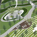 Modern Garden Landscape Featuring Green Lawn Curved Pathways Circular Structure And Surrounding Trees
