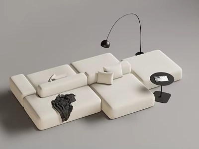 Beige Modular Sectional Sofa With Plush Pillows Cozy Blanket Floor Lamp And Side Table 3d model