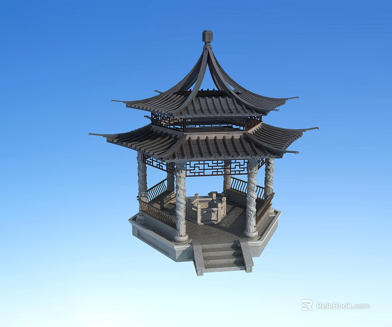 Traditional Chinese Pavilion With Multi Layered Roof Stone Columns And Steps 3d model 