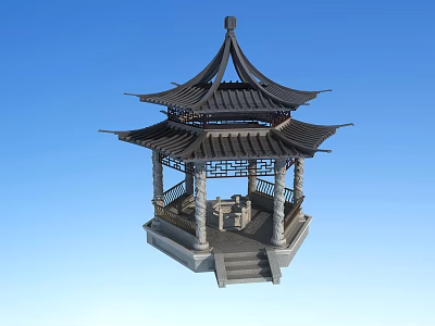 Traditional Chinese Pavilion With Multi Layered Roof Stone Columns And Steps 3d model