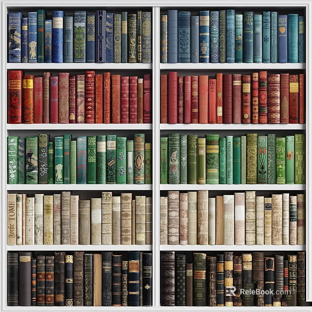 Colorful Books Neatly Arranged On Multiple Bookshelves With Various Colored Spines 3d model 